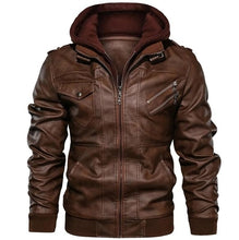 Load image into Gallery viewer, Men's Autumn Winter Motorcycle Leather Jacket Windbreaker Hooded PU Jackets Male Outwear Warm Baseball Jackets Plus Size 3XL